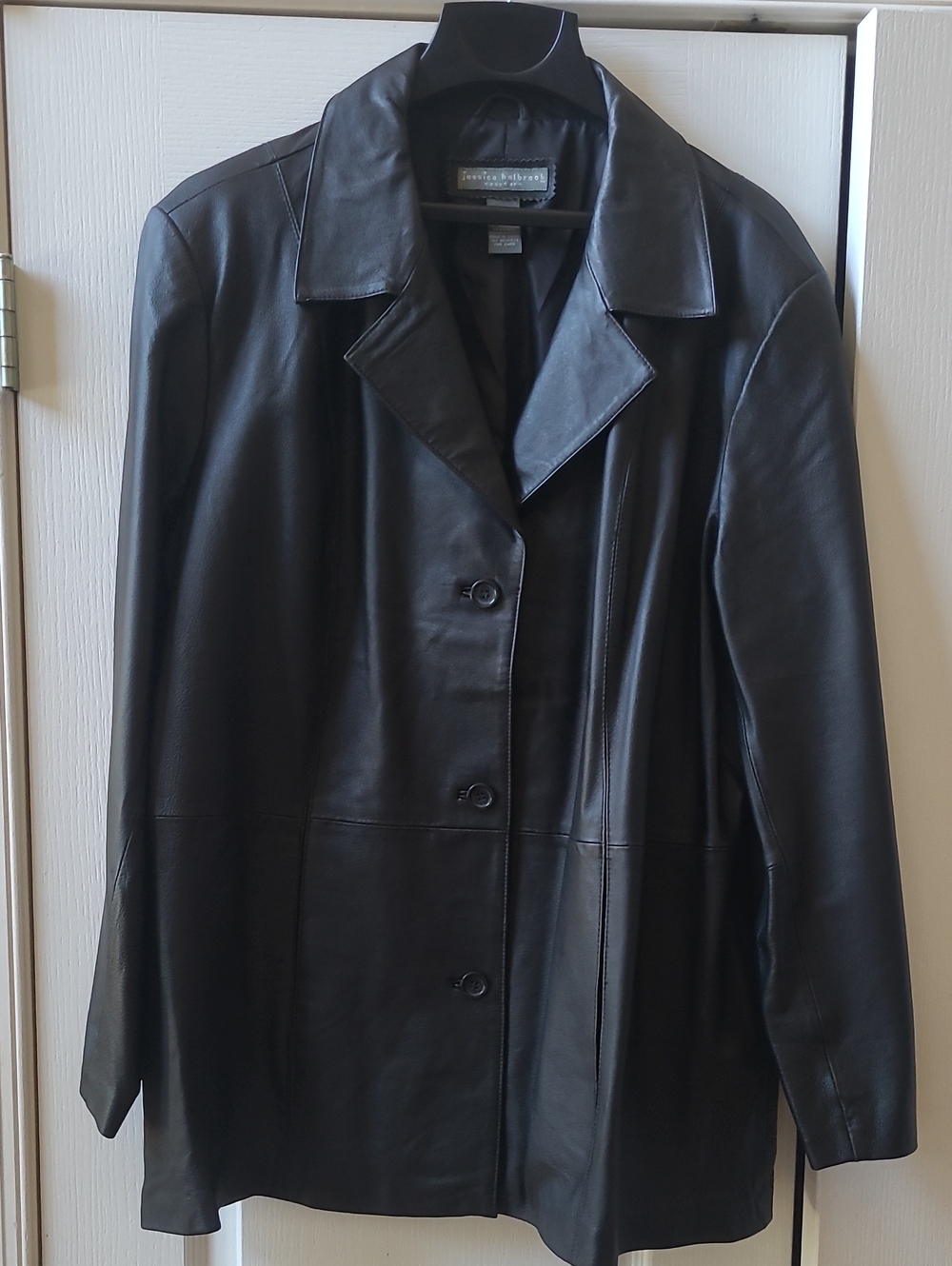 Jessica Holbrook Size 2X 100% Black Leather Jacket, 3 Button Front